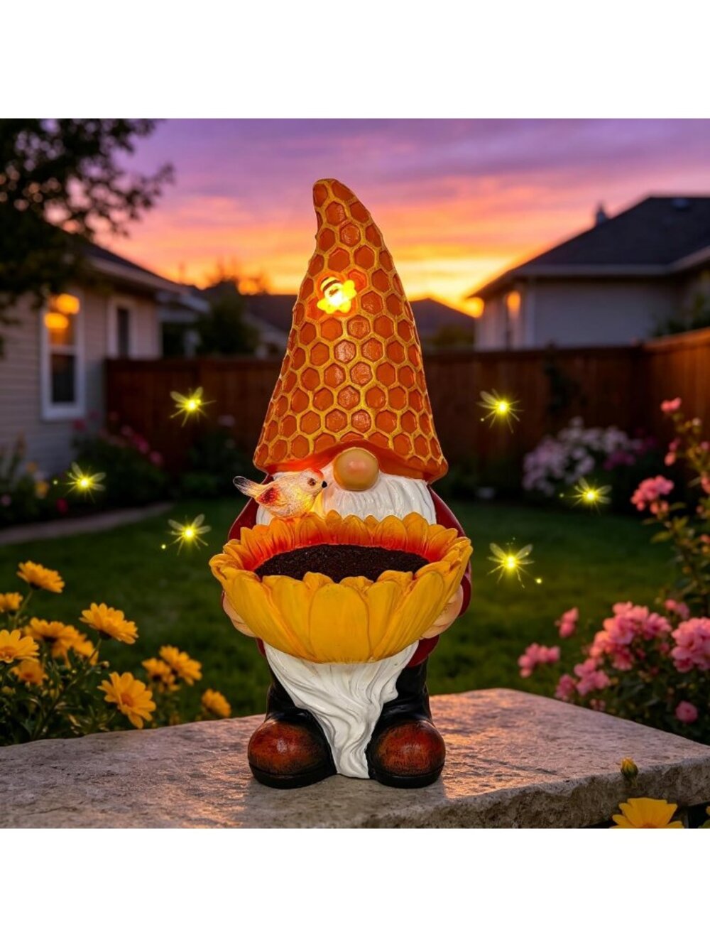 Charming Solar Gnome Statue with Honeycomb Hat & Sunflower Feeder - LED Outdoor